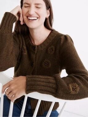 Madewell Edencrift Floral Appliqué Cardigan in Heathered Spinach Size Small